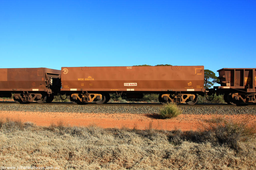 100731 02441
WOE type iron ore waggon WOE 33517 is one of a batch of one hundred and twenty eight built by United Group Rail WA between August 2008 and March 2009 with serial number 950211-057 and fleet number 9010 for Koolyanobbing iron ore operations, on empty train 6418 at Binduli Triangle, 31st July 2010.
Keywords: WOE-type;WOE33517;United-Group-Rail-WA;950211-057;