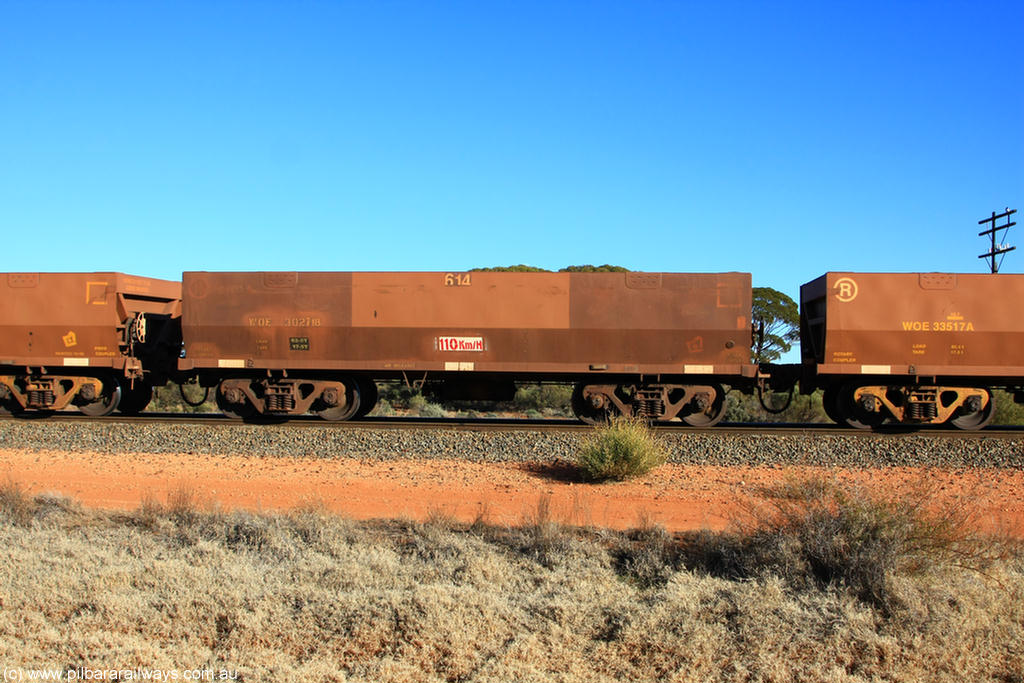 100731 02442
WOE type iron ore waggon WOE 30271 is one of a batch of one hundred and thirty built by Goninan WA between March and August 2001 with serial number 950092-021 and fleet number 614 for Koolyanobbing iron ore operations, on empty train 6418 at Binduli Triangle, 31st July 2010.
Keywords: WOE-type;WOE30271;Goninan-WA;950092-021;