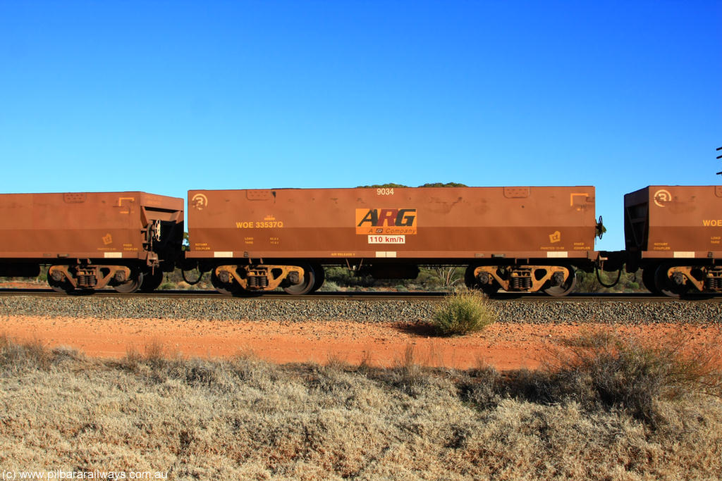 100731 02446
WOE type iron ore waggon WOE 33537 is one of a batch of one hundred and twenty eight built by United Group Rail WA between August 2008 and March 2009 with serial number 950211-077 and fleet number 9034 for Koolyanobbing iron ore operations, on empty train 6418 at Binduli Triangle, 31st July 2010.
Keywords: WOE-type;WOE33537;United-Group-Rail-WA;950211-077;