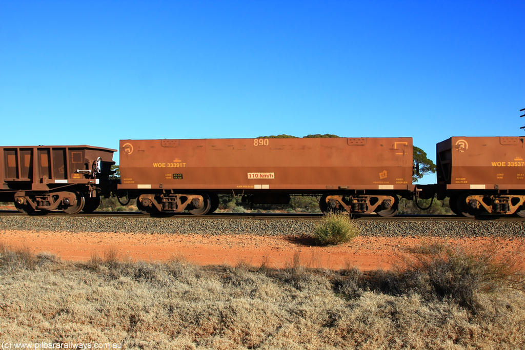 100731 02447
WOE type iron ore waggon WOE 33391 is one of a batch of one hundred and forty one built by United Group Rail WA between November 2005 and April 2006 with serial number 950142-096 and fleet number 890 for Koolyanobbing iron ore operations, on empty train 6418 at Binduli Triangle, 31st July 2010.
Keywords: WOE-type;WOE33391;United-Group-Rail-WA;950142-096;