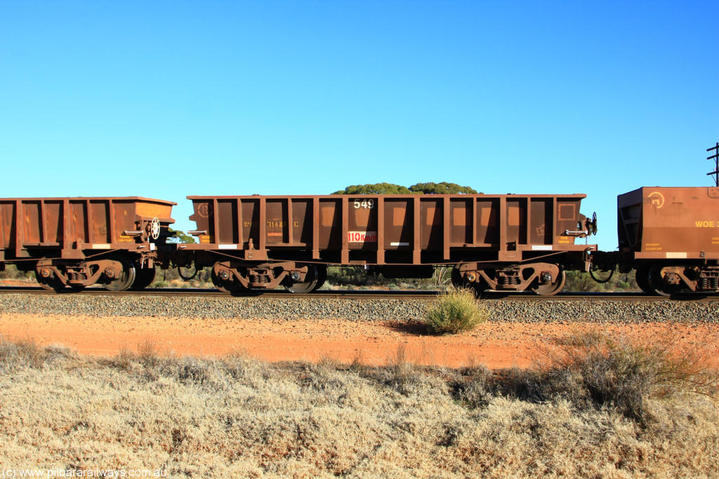 100731 02448
WOD type iron ore waggon WOD 31486 is one of a batch of sixty two built by Goninan WA between April and August 2000 with serial number 950086-058 and fleet number 549 for Koolyanobbing iron ore operations with a 75 ton capacity for Portman Mining to cart their Koolyanobbing iron ore to Esperance, now with PORTMAN painted out, on empty train 6418 at Binduli Triangle, 31st July 2010.
Keywords: WOD-type;WOD31486;Goninan-WA;950086-058;