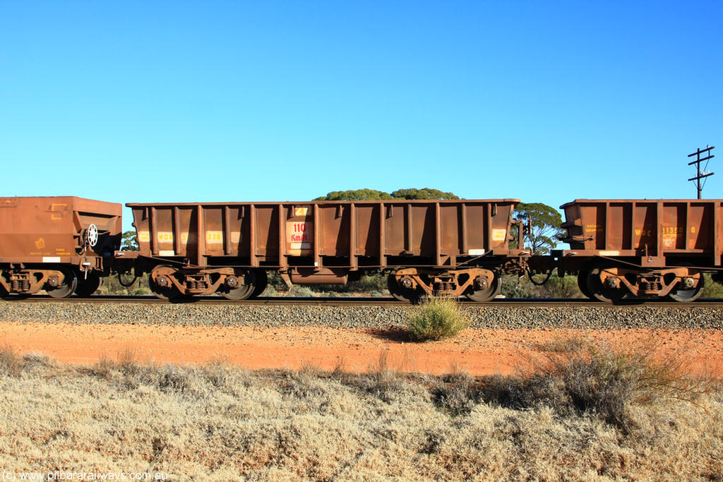 100731 02452
WOA type iron ore waggon WOA 31322 is one of a batch of thirty nine built by WAGR Midland Workshops between 1970 and 1971 with fleet number 210 for Koolyanobbing iron ore operations, with a 75 ton and 1018 ft³ capacity, on empty train 6418 at Binduli Triangle, 31st July 2010.
Keywords: WOA-type;WOA31322;WAGR-Midland-WS;