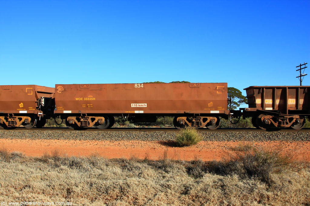 100731 02453
WOE type iron ore waggon WOE 33335 is one of a batch of one hundred and forty one built by United Goninan WA between November 2005 and April 2006 with serial number 950142-040 and fleet number 834 for Koolyanobbing iron ore operations, on empty train 6418 at Binduli Triangle, 31st July 2010.
Keywords: WOE-type;WOE33335;United-Goninan-WA;950142-040;