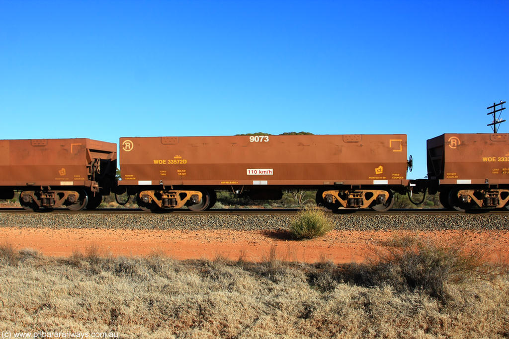 100731 02454
WOE type iron ore waggon WOE 33572 is one of a batch of one hundred and twenty eight built by United Group Rail WA between August 2008 and March 2009 with serial number 950211-112 and fleet number 9073 for Koolyanobbing iron ore operations, on empty train 6418 at Binduli Triangle, 31st July 2010.
Keywords: WOE-type;WOE33572;United-Group-Rail-WA;950211-112;