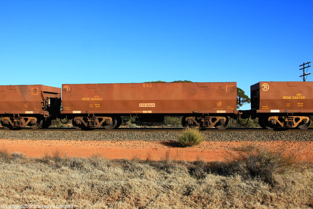 100731 02455
WOE type iron ore waggon WOE 33356 is one of a batch of one hundred and forty one built by United Goninan WA between November 2005 and April 2006 with serial number 950142-061 and fleet number 855 for Koolyanobbing iron ore operations, on empty train 6418 at Binduli Triangle, 31st July 2010.
Keywords: WOE-type;WOE33356;United-Goninan-WA;950142-061;