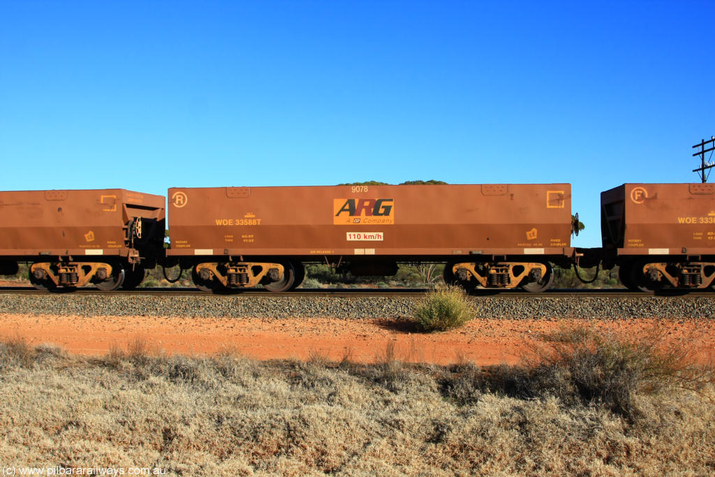 100731 02457
WOE type iron ore waggon WOE 33588 final one of a batch of one hundred and twenty eight built by United Group Rail WA between August 2008 and March 2009 with serial number 950211-128 and fleet number 9078 for Koolyanobbing iron ore operations, on empty train 6418 at Binduli Triangle, 31st July 2010.
Keywords: WOE-type;WOE33588;United-Group-Rail-WA;950211-128;