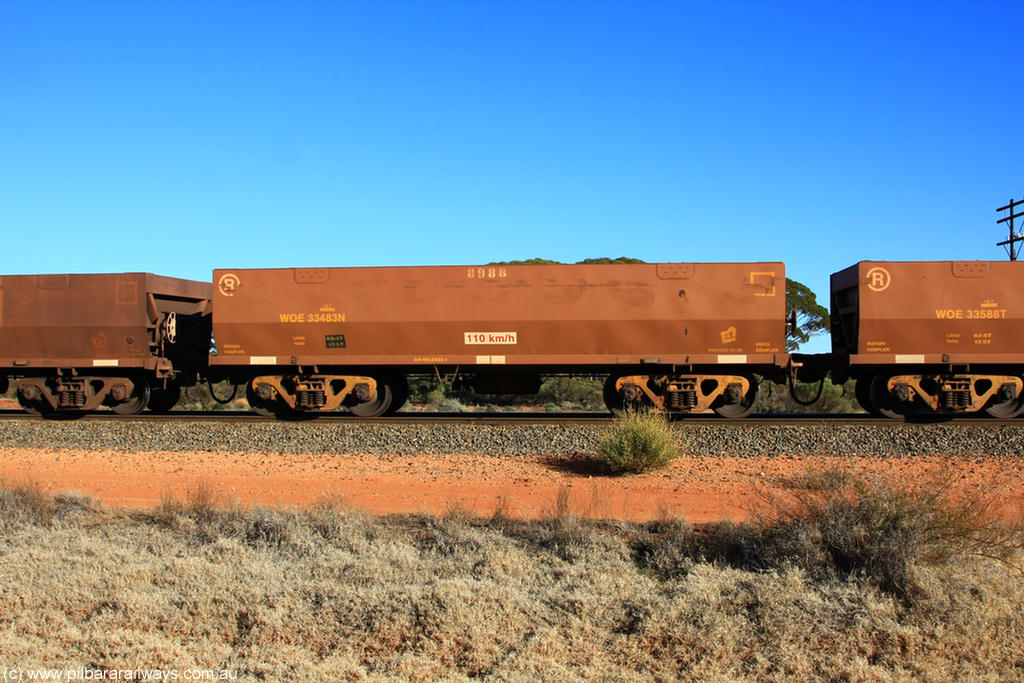 100731 02458
WOE type iron ore waggon WOE 33483 is one of a batch of one hundred and twenty eight built by United Group Rail WA between August 2008 and March 2009 with serial number 950211-??? and fleet number 8988 for Koolyanobbing iron ore operations, on empty train 6418 at Binduli Triangle, 31st July 2010.
Keywords: WOE-type;WOE33483;United-Group-Rail-WA;