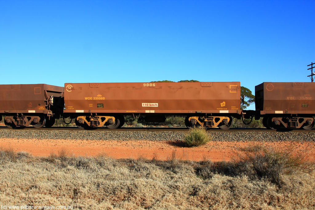 100731 02460
WOE type iron ore waggon WOE 33508 is one of a batch of one hundred and twenty eight built by United Group Rail WA between August 2008 and March 2009 with serial number 950211-048 and fleet number 9006 for Koolyanobbing iron ore operations, on empty train 6418 at Binduli Triangle, 31st July 2010.
Keywords: WOE-type;WOE33508;United-Group-Rail-WA;950211-048;