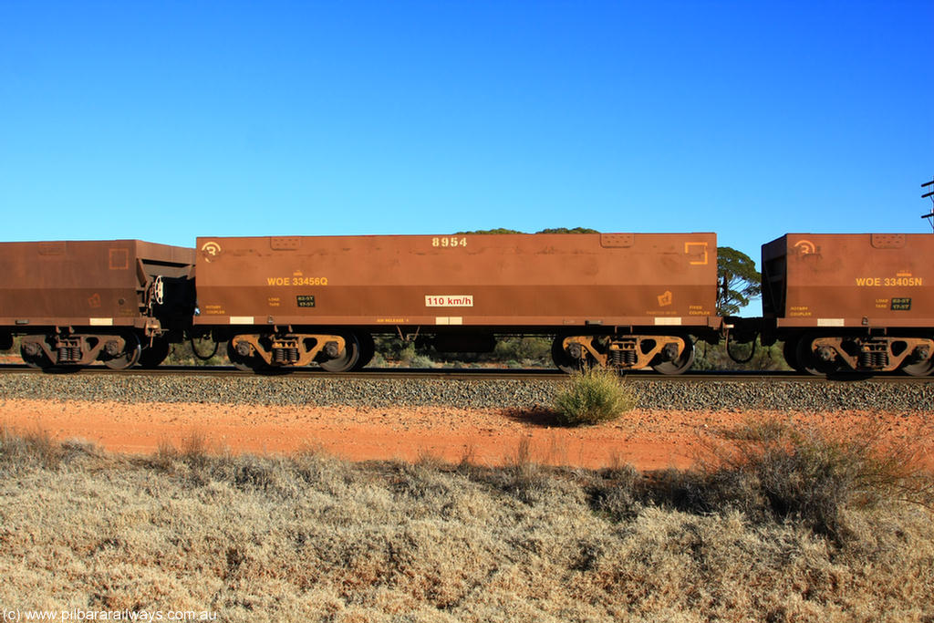 100731 02478
WOE type iron ore waggon WOE 33456 is one of a batch of five built by United Group Rail WA between August and September 2008 with serial number 950210-003 and fleet number 8954 for Koolyanobbing iron ore operations, on empty train 6418 at Binduli Triangle, 31st July 2010.
Keywords: WOE-type;WOE33456;United-Group-Rail-WA;950210-003;