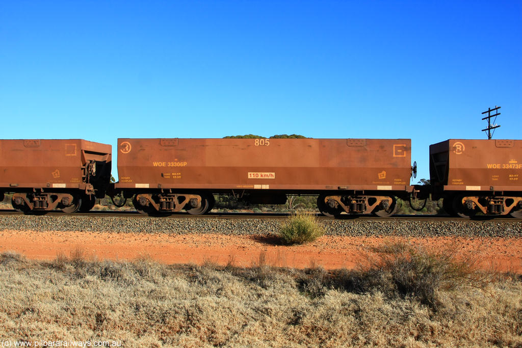 100731 02490
WOE type iron ore waggon WOE 33306 is one of a batch of one hundred and forty one built by United Goninan WA between November 2005 and April 2006 with serial number 950142-011 and fleet number 805 for Koolyanobbing iron ore operations, on empty train 6418 at Binduli Triangle, 31st July 2010.
Keywords: WOE-type;WOE33306;United-Goninan-WA;950142-011;