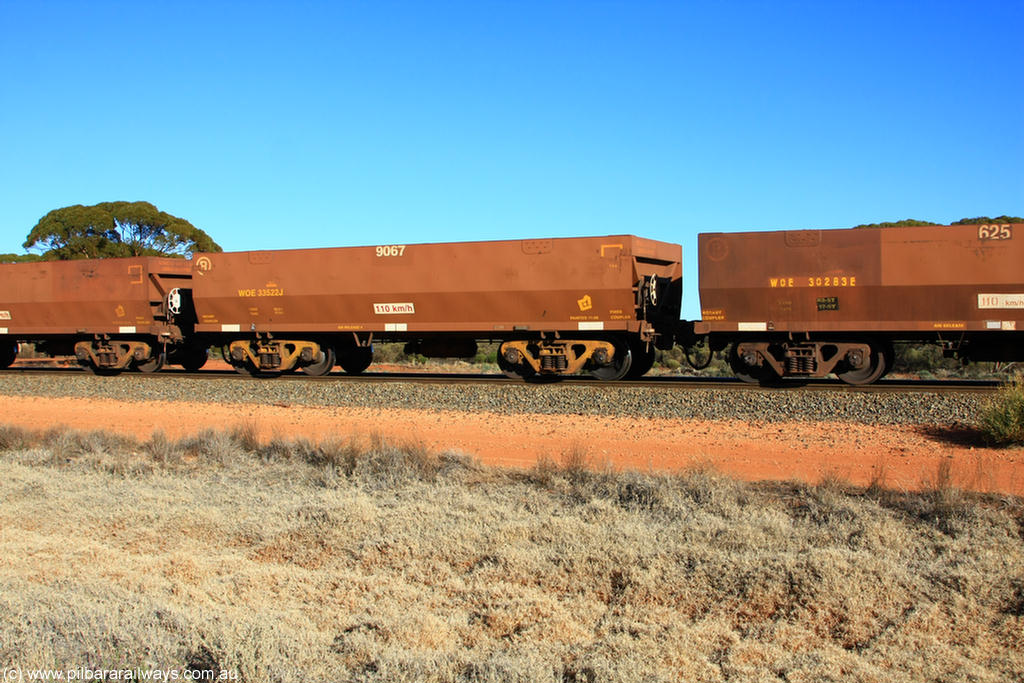 100731 02510
WOE type iron ore waggon WOE 33522 is one of a batch of one hundred and twenty eight built by United Group Rail WA between August 2008 and March 2009 with serial number 950211-062 and fleet number 9067 for Koolyanobbing iron ore operations, on empty train 6418 at Binduli Triangle, 31st July 2010.
Keywords: WOE-type;WOE33522;United-Group-Rail-WA;950211-062;