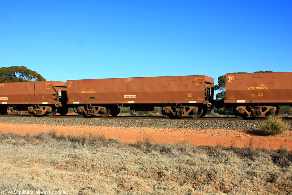 100731 02518
WOE type iron ore waggon WOE 33420 is one of a batch of one hundred and forty one built by United Group Rail WA between November 2005 and April 2006 with serial number 950142-125 and fleet number 8919 for Koolyanobbing iron ore operations, on empty train 6418 at Binduli Triangle, 31st July 2010.
Keywords: WOE-type;WOE33420;United-Group-Rail-WA;950142-125;