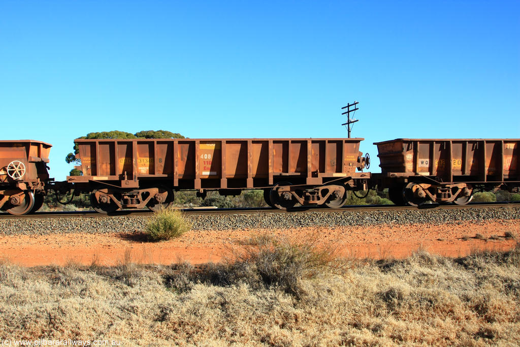 100731 02536
WOC type iron ore waggon WOC 31348 is one of a batch of thirty built by Goninan WA between October 1997 to January 1998 with fleet number 408 for Koolyanobbing iron ore operations with a 75 ton capacity, on empty train 6418 at Binduli Triangle, 31st July 2010.
Keywords: WOC-type;WOC31348;Goninan-WA;