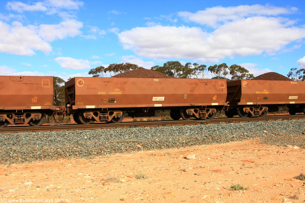100731 02827
WOE type iron ore waggon WOE 33259 is one of a batch of twenty seven built by Goninan WA between September and October 2002 with serial number 950103-026 and fleet number 758 for Koolyanobbing iron ore operations, on loaded train 7415 at Binduli Triangle, 31st July 2010.
Keywords: WOE-type;WOE33259;Goninan-WA;950103-026;