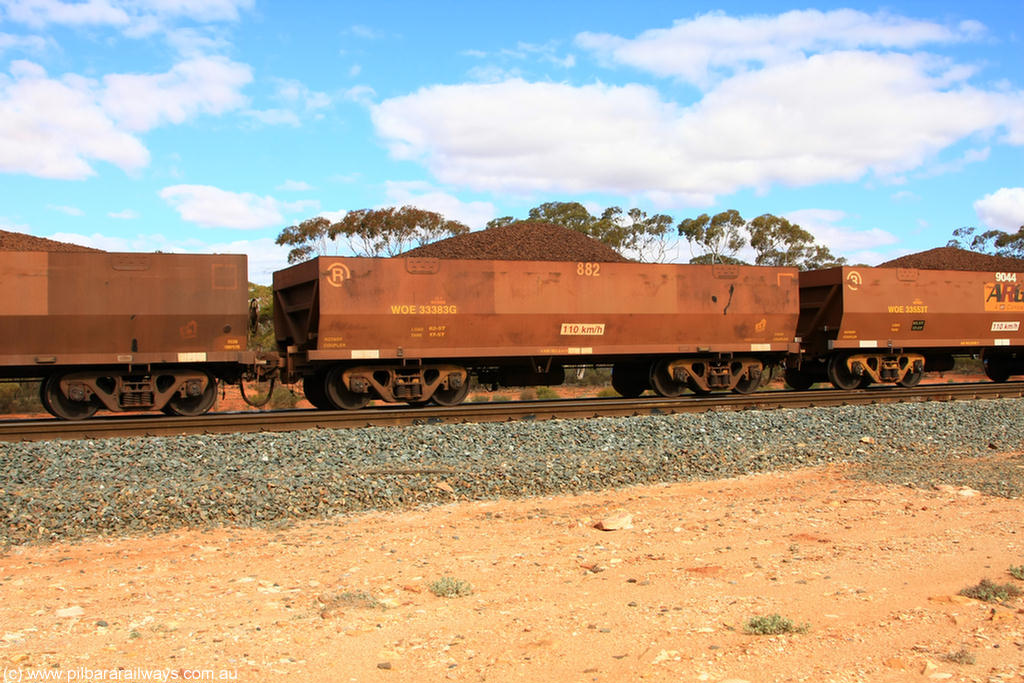 100731 02837
WOE type iron ore waggon WOE 33383 is one of a batch of one hundred and forty one built by United Group Rail WA between November 2005 and April 2006 with serial number 950142-088 and fleet number 882 for Koolyanobbing iron ore operations, on loaded train 7415 at Binduli Triangle, 31st July 2010.
Keywords: WOE-type;WOE33383;United-Group-Rail-WA;950142-088;