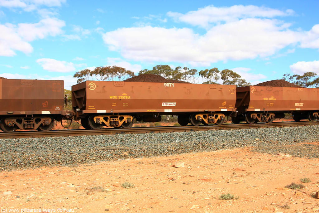 100731 02841
WOE type iron ore waggon WOE 33579 is one of a batch of one hundred and twenty eight built by United Group Rail WA between August 2008 and March 2009 with serial number 950211-104 and fleet number 9071 for Koolyanobbing iron ore operations, on loaded train 7415 at Binduli Triangle, 31st July 2010.
Keywords: WOE-type;WOE33579;United-Group-Rail-WA;950211-104;
