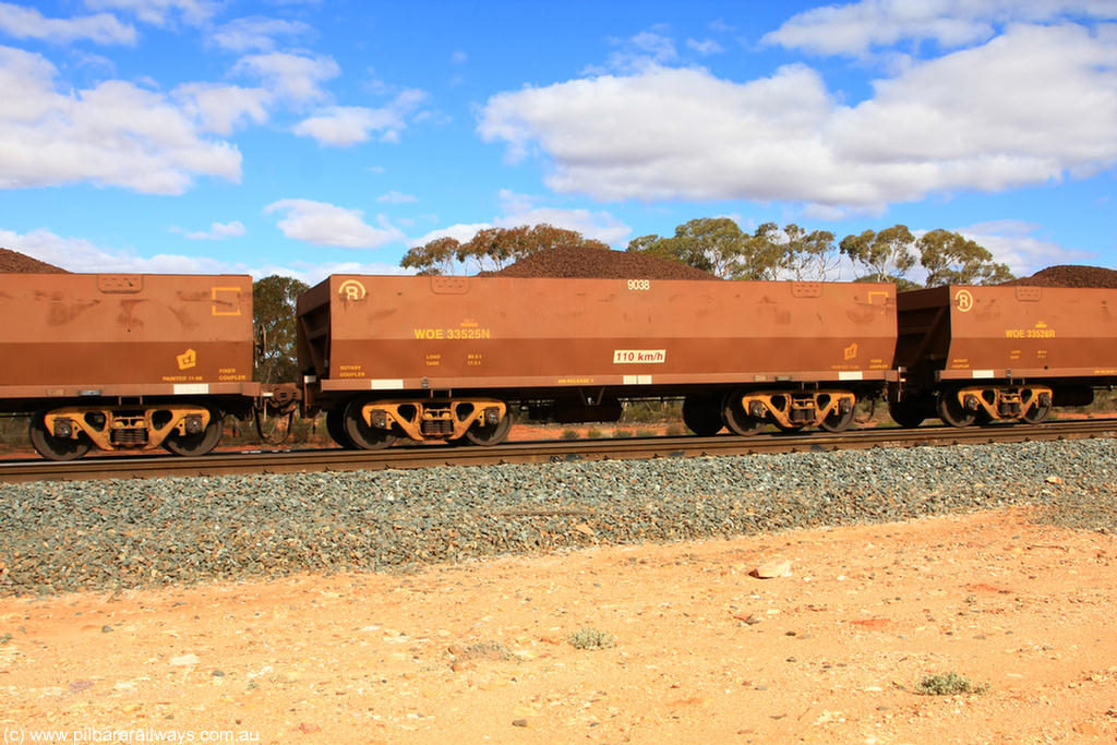 100731 02871
WOE type iron ore waggon WOE 33525 is one of a batch of one hundred and twenty eight built by United Group Rail WA between August 2008 and March 2009 with serial number 950211-065 and fleet number 9038 for Koolyanobbing iron ore operations, on loaded train 7415 at Binduli Triangle, 31st July 2010.
Keywords: WOE-type;WOE33525;United-Group-Rail-WA;950211-065;
