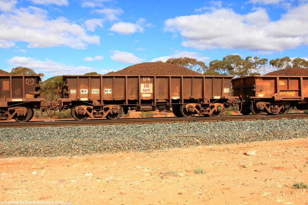 100731 02893
WO type iron ore waggon WO 31295 is one of a batch of fifteen built by WAGR Midland Workshops between July and October 1968 with fleet number 174 for Koolyanobbing iron ore operations, with a 75 ton and 1018 ft³ capacity, on loaded train 7415 at Binduli Triangle, 31st July 2010. This unit was converted to WOC for coal in 1986 till 1994 when it was re-classed back to WO.
Keywords: WO-type;WO31295;WAGR-Midland-WS;