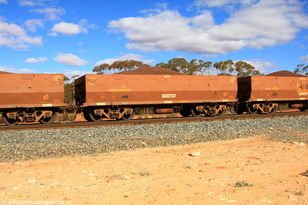 100731 02904
WOE type iron ore waggon WOE 33526 is one of a batch of one hundred and twenty eight built by United Group Rail WA between August 2008 and March 2009 with serial number 950211-066 and fleet number 9014 for Koolyanobbing iron ore operations, on loaded train 7415 at Binduli Triangle, 31st July 2010.
Keywords: WOE-type;WOE33526;United-Group-Rail-WA;950211-066;