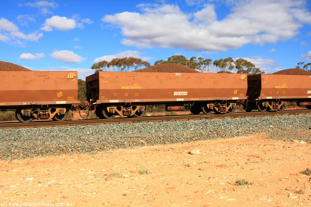 100731 02919
WOE type iron ore waggon WOE 33561 is one of a batch of one hundred and twenty eight built by United Group Rail WA between August 2008 and March 2009 with serial number 950211-101 and fleet number 9051 for Koolyanobbing iron ore operations, on loaded train 7415 at Binduli Triangle, 31st July 2010.
Keywords: WOE-type;WOE33561;United-Group-Rail-WA;950211-101;