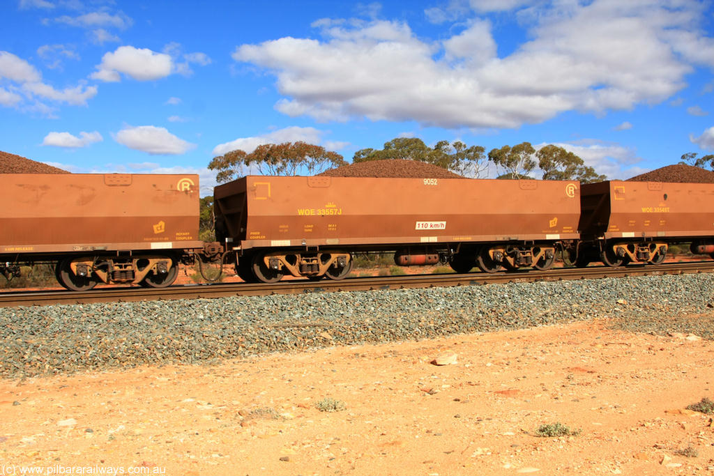 100731 02920
WOE type iron ore waggon WOE 33557 is one of a batch of one hundred and twenty eight built by United Group Rail WA between August 2008 and March 2009 with serial number 950211-097 and fleet number 9052 for Koolyanobbing iron ore operations, on loaded train 7415 at Binduli Triangle, 31st July 2010.
Keywords: WOE-type;WOE33557;United-Group-Rail-WA;950211-097;