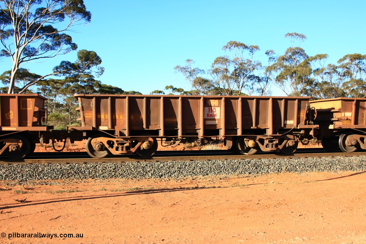 100731 03066
WO type iron ore waggon WO 31280 is one of a batch of eighty six built by WAGR Midland Workshops between 1967 and March 1968 with fleet number 160 for Koolyanobbing iron ore operations, with a 75 ton and 1018 ft³ capacity, empty train arriving at Binduli Triangle, 31st July 2010. This unit was converted to WOG for gypsum in late 1980s till 1994 when it was re-classed back to WO.
Keywords: WO-type;WO31280;WAGR-Midland-WS;