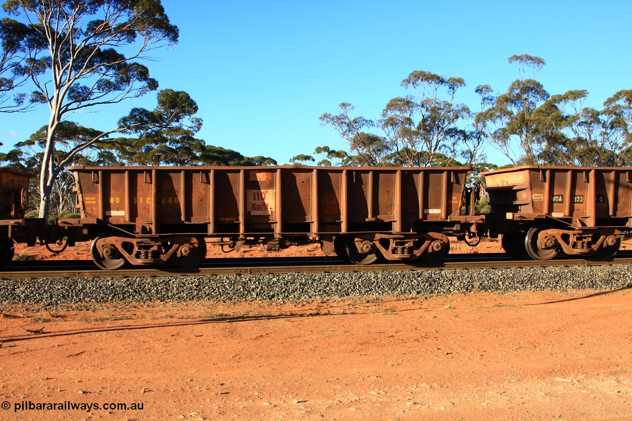 100731 03069
WO type iron ore waggon WO 31226 is one of a batch of eighty six built by WAGR Midland Workshops between 1967 and March 1968 with fleet number 120 for Koolyanobbing iron ore operations, with a 75 ton and 1018 ft³ capacity, empty train arriving at Binduli Triangle, 31st July 2010. This unit was converted to WOS superphosphate in the late 1980s till 1994 when it was re-classed back to WO.
Keywords: WO-type;WO31226;WAGR-Midland-WS;WOS-type;