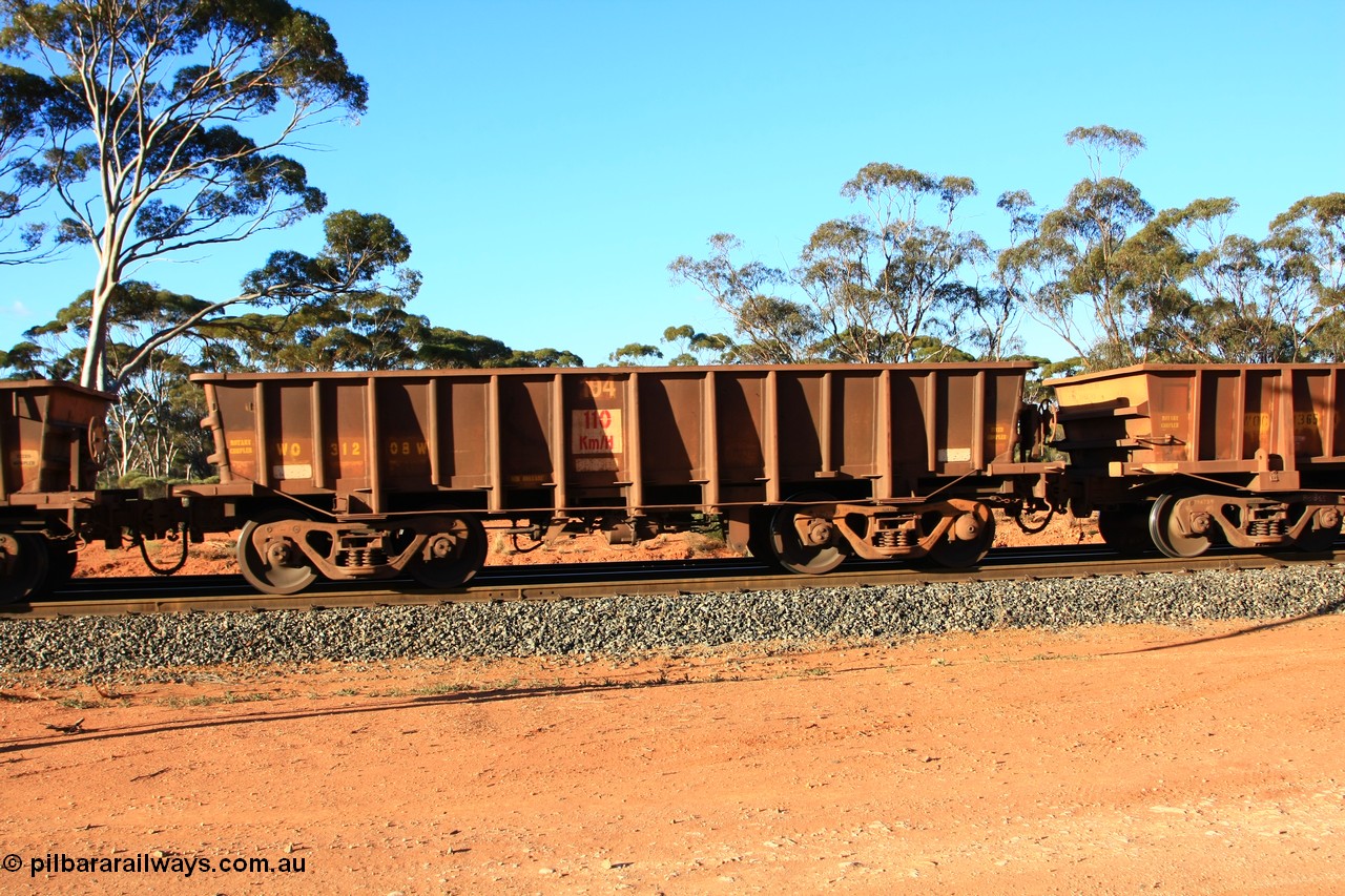 100731 03071
WO type iron ore waggon WO 31208 is one of a batch of eighty six built by WAGR Midland Workshops between 1967 and March 1968 with fleet number 104 for Koolyanobbing iron ore operations, with a 75 ton and 1018 ft³ capacity, empty train arriving at Binduli Triangle, 31st July 2010. This unit was converted to WOC for coal in 1986 till 1994 when it was re-classed back to WO.
Keywords: WO-type;WO31208;WAGR-Midland-WS;