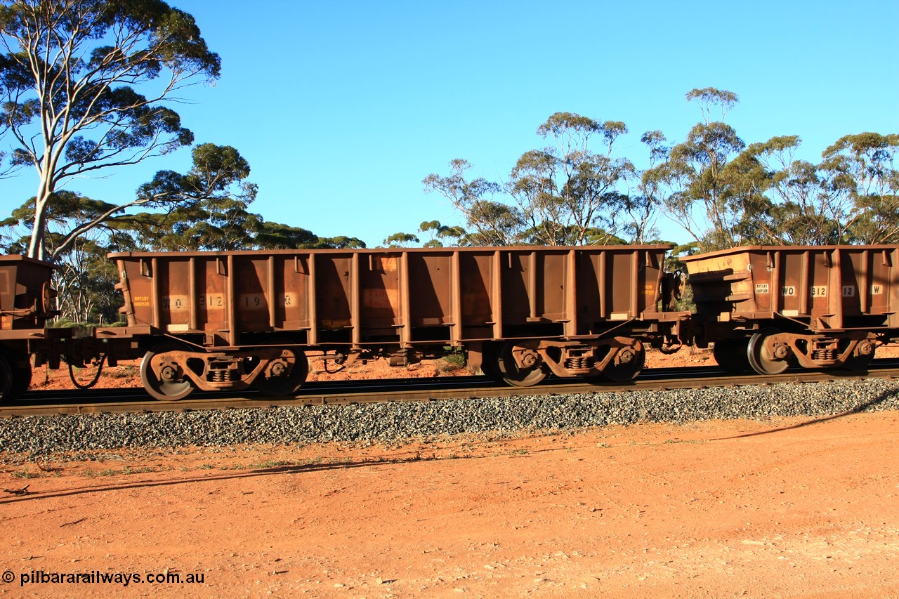 100731 03077
WO type iron ore waggon WO 31219 is one of a batch of eighty six built by WAGR Midland Workshops between 1967 and March 1968 with fleet number 114 for Koolyanobbing iron ore operations, with a 75 ton and 1018 ft³ capacity, empty train arriving at Binduli Triangle, 31st July 2010. This unit was converted to WOS superphosphate in the late 1980s till 1994 when it was re-classed back to WO.
Keywords: WO-type;WO31219;WAGR-Midland-WS;WOS-type;