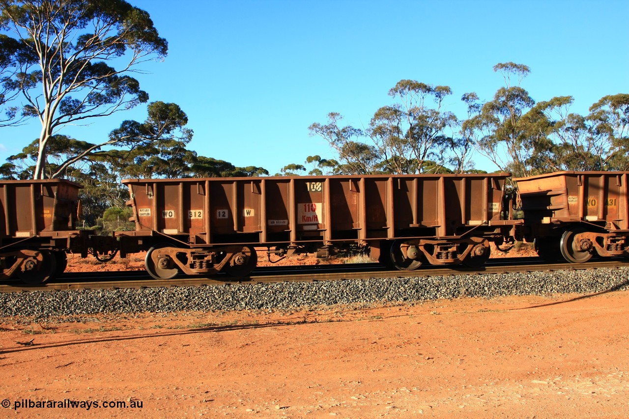 100731 03078
WO type iron ore waggon WO 31212 is one of a batch of eighty six built by WAGR Midland Workshops between 1967 and March 1968 with fleet number 108 for Koolyanobbing iron ore operations, with a 75 ton and 1018 ft³ capacity, empty train arriving at Binduli Triangle, 31st July 2010. This unit was converted to WOS superphosphate in the late 1980s till 1994 when it was re-classed back to WO.
Keywords: WO-type;WO31212;WAGR-Midland-WS;WOS-type;