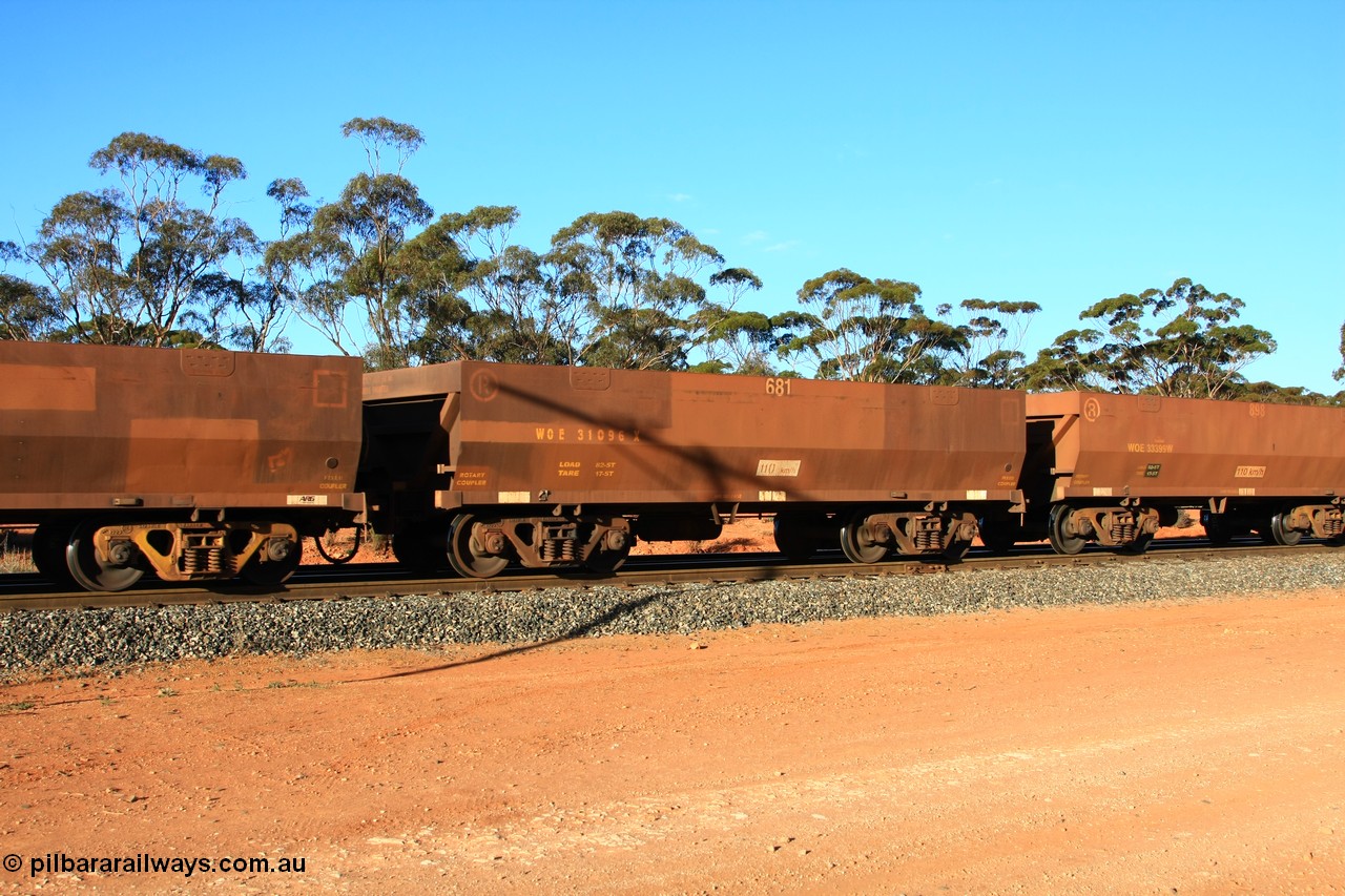 100731 03090
WOE type iron ore waggon WOE 31096 is one of a batch of one hundred and thirty built by Goninan WA between March and August 2001 with serial number 950092-086 and fleet number 681 for Koolyanobbing iron ore operations, empty train arriving at Binduli Triangle, 31st July 2010.
Keywords: WOE-type;WOE31096;Goninan-WA;950092-086;