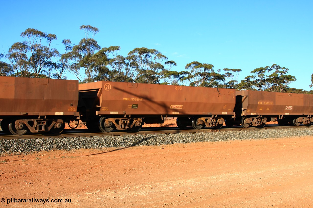 100731 03091
WOE type iron ore waggon WOE 33399 is one of a batch of one hundred and forty one built by United Group Rail WA between November 2005 and April 2006 with serial number 950142-104 and fleet number 898 for Koolyanobbing iron ore operations, empty train arriving at Binduli Triangle, 31st July 2010.
Keywords: WOE-type;WOE33399;United-Group-Rail-WA;950142-104;