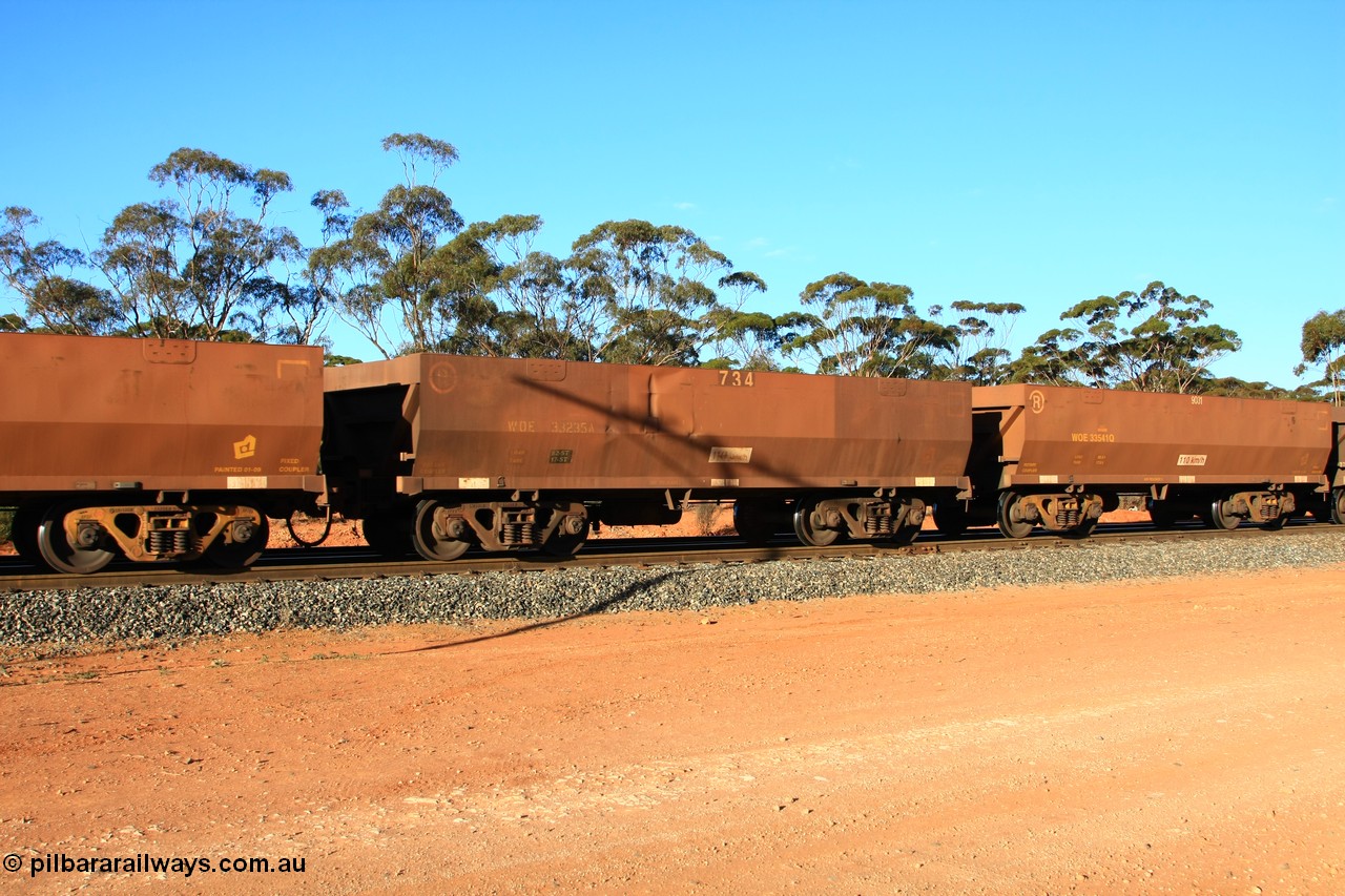 100731 03094
WOE type iron ore waggon WOE 33235 is one of a batch of twenty seven built by Goninan WA between September and October 2002 with serial number 950103-002 and fleet number 734 for Koolyanobbing iron ore operations, empty train arriving at Binduli Triangle, 31st July 2010.
Keywords: WOE-type;WOE33235;Goninan-WA;950103-002;