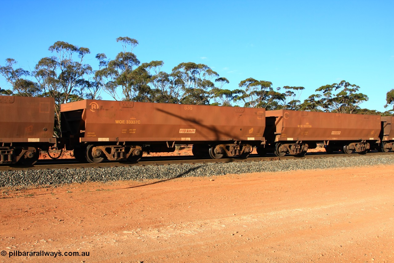 100731 03097
WOE type iron ore waggon WOE 33337 is one of a batch of one hundred and forty one built by United Goninan WA between November 2005 and April 2006 with serial number 950142-042 and fleet number 836 for Koolyanobbing iron ore operations, empty train arriving at Binduli Triangle, 31st July 2010.
Keywords: WOE-type;WOE33337;United-Goninan-WA;950142-042;
