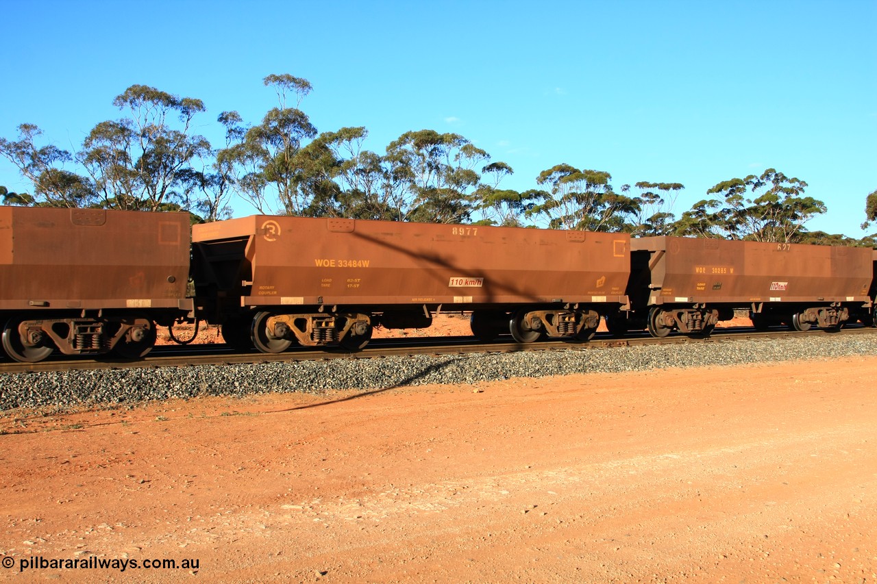 100731 03104
WOE type iron ore waggon WOE 33484 is one of a batch of one hundred and twenty eight built by United Group Rail WA between August 2008 and March 2009 with serial number 950211-??? and fleet number 8977 for Koolyanobbing iron ore operations, empty train arriving at Binduli Triangle, 31st July 2010.
Keywords: WOE-type;WOE33484;United-Group-Rail-WA;