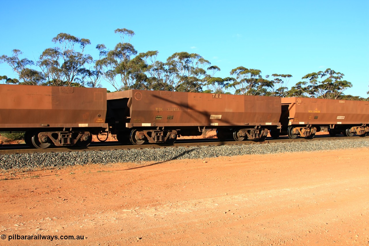 100731 03106
WOE type iron ore waggon WOE 33245 is one of a batch of twenty seven built by Goninan WA between September and October 2002 with serial number 950103-012 and fleet number 744 for Koolyanobbing iron ore operations, empty train arriving at Binduli Triangle, 31st July 2010.
Keywords: WOE-type;WOE33245;Goninan-WA;950103-012;