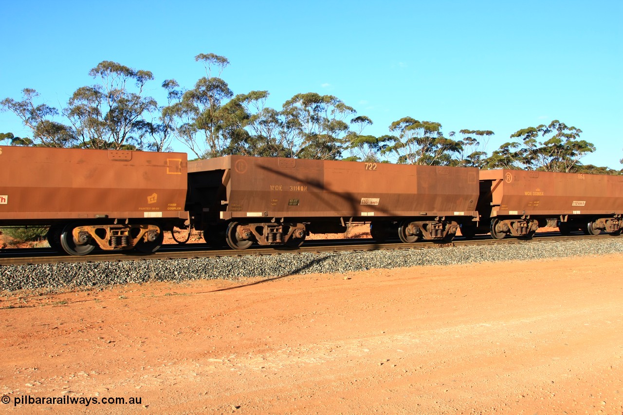 100731 03108
WOE type iron ore waggon WOE 31140 is the last one of a batch of one hundred and thirty built by Goninan WA between March and August 2001 with serial number 950092-130 and fleet number 722 for Koolyanobbing iron ore operations, empty train arriving at Binduli Triangle, 31st July 2010.
Keywords: WOE-type;WOE31140;Goninan-WA;950092-130;