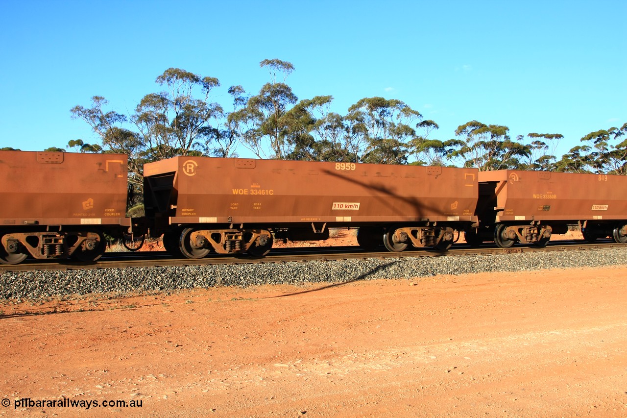 100731 03110
WOE type iron ore waggon WOE 33461 is one of a batch of one hundred and twenty eight built by United Group Rail WA between August 2008 and March 2009 with serial number 950211-003 and fleet number 8959 for Koolyanobbing iron ore operations, empty train arriving at Binduli Triangle, 31st July 2010.
Keywords: WOE-type;WOE33461;United-Group-Rail-WA;950211-003;