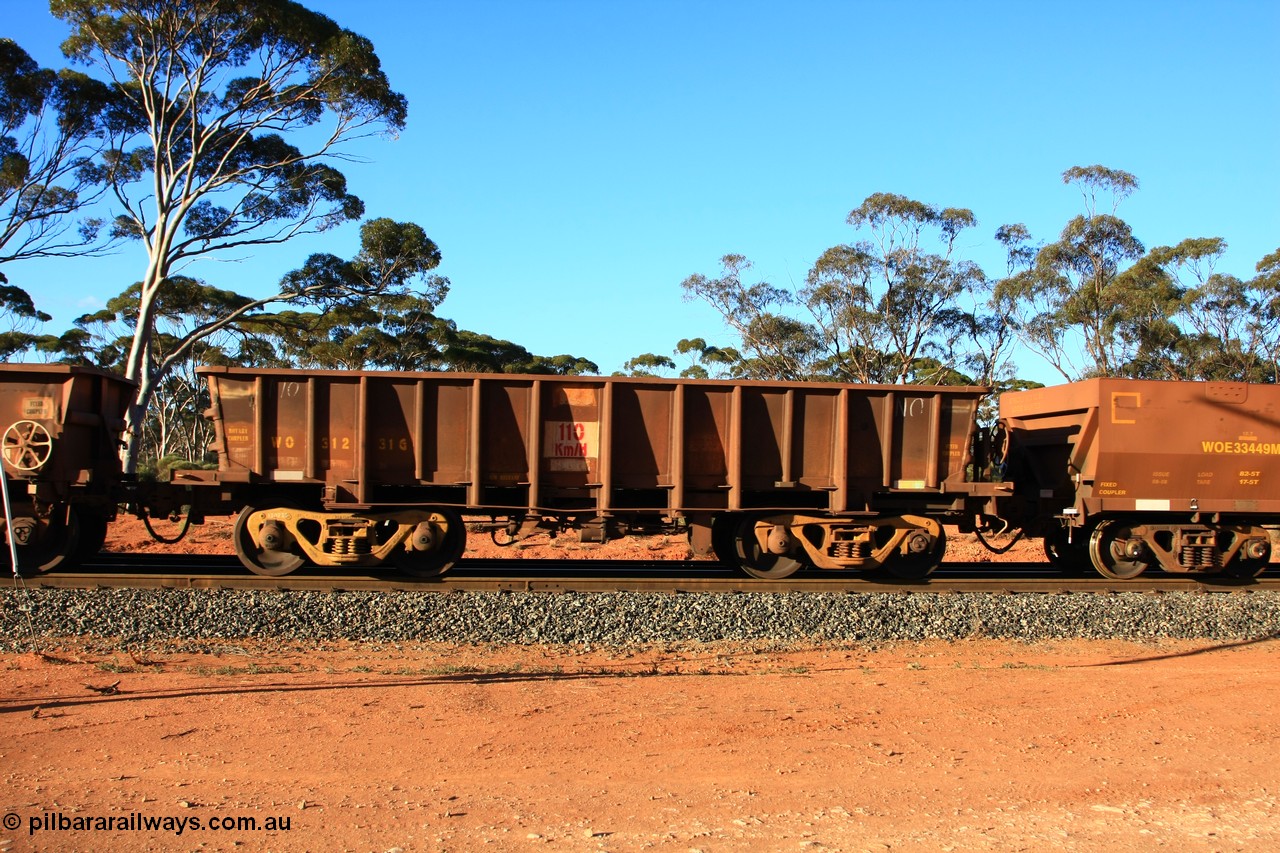 100731 03118
WO type iron ore waggon WO 31231 is one of a batch of eighty six built by WAGR Midland Workshops between 1967 and March 1968 with fleet number 123 for Koolyanobbing iron ore operations, with a 75 ton and 1018 ft³ capacity, empty train arriving at Binduli Triangle, 31st July 2010. This unit was converted to WOC for coal in 1986 till 1994 when it was re-classed back to WO.
Keywords: WO-type;WO31231;WAGR-Midland-WS;