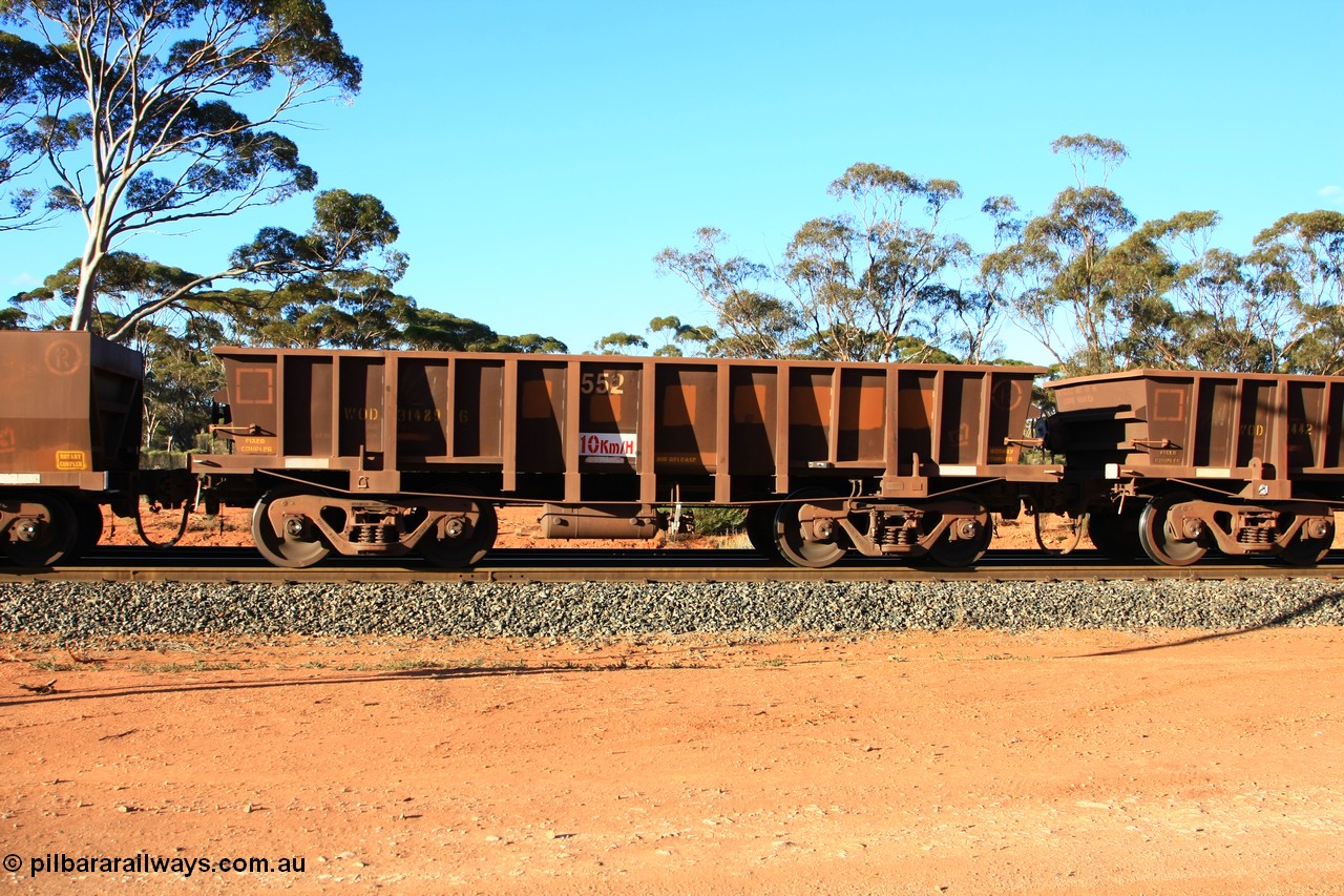 100731 03121
WOD type iron ore waggon WOD 31489 is one of a batch of sixty two built by Goninan WA between April and August 2000 with serial number 950086-061 and fleet number 552 for Koolyanobbing iron ore operations with a 75 ton capacity build date 07/2000, for Portman Mining to cart their Koolyanobbing iron ore to Esperance, PORTMAN has been painted out, empty train arriving at Binduli Triangle, 31st July 2010.
Keywords: WOD-type;WOD31489;Goninan-WA;950086-061;