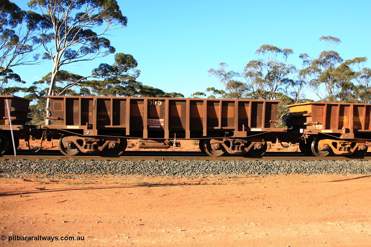 100731 03122
WOD type iron ore waggon WOD 31442 is one of a batch of sixty two built by Goninan WA between April and August 2000 with serial number 950086-014 and fleet number 505 for Koolyanobbing iron ore operations, build date 05/2000, with a 75 ton capacity, for Portman Mining to cart their Koolyanobbing iron ore to Esperance, PORTMAN has been painted out, empty train arriving at Binduli Triangle, 31st July 2010.
Keywords: WOD-type;WOD31442;Goninan-WA;950086-014;