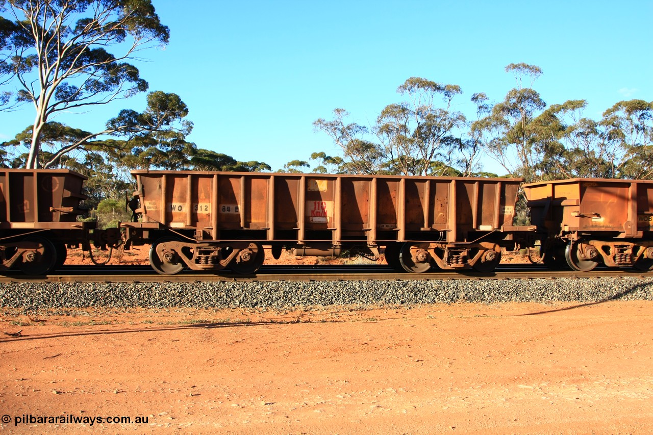 100731 03140
WO type iron ore waggon WO 31284 is one of a batch of eighty six built by WAGR Midland Workshops between 1967 and March 1968 with fleet number 164 for Koolyanobbing iron ore operations, with a 75 ton and 1018 ft³ capacity, empty train arriving at Binduli Triangle, 31st July 2010. This unit was converted to WOC for coal in 1986 till 1994 when it was re-classed back to WO.
Keywords: WO-type;WO31284;WAGR-Midland-WS;