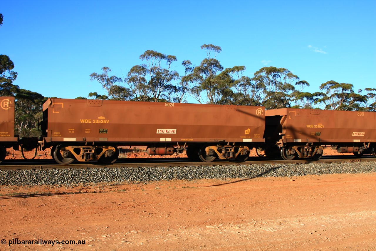 100731 03143
WOE type iron ore waggon WOE 33535 is one of a batch of one hundred and twenty eight built by United Group Rail WA between August 2008 and March 2009 with serial number 950211-075 and fleet number 9024 for Koolyanobbing iron ore operations, empty train arriving at Binduli Triangle, 31st July 2010.
Keywords: WOE-type;WOE33535;United-Group-Rail-WA;950211-075;