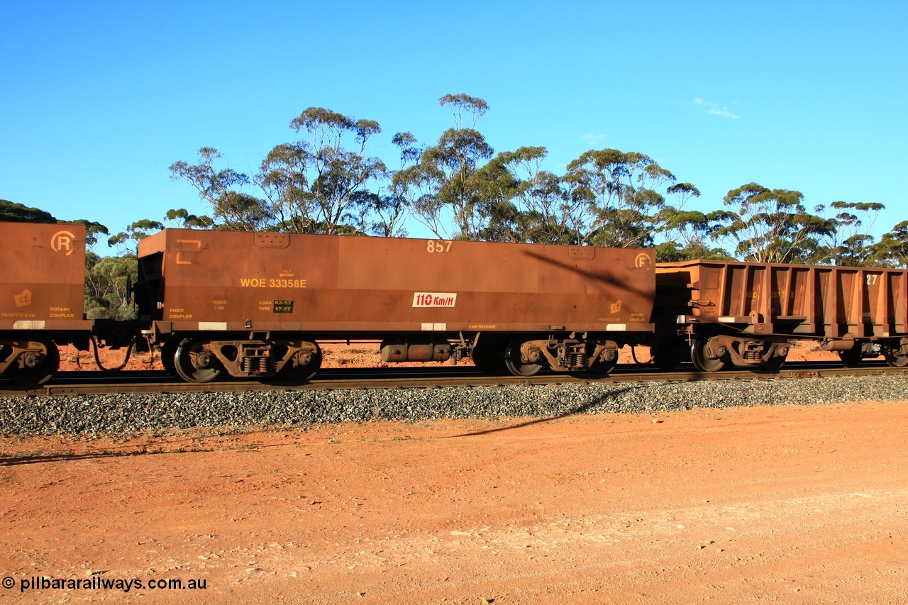 100731 03145
WOE type iron ore waggon WOE 33358 is one of a batch of one hundred and forty one built by United Goninan WA between November 2005 and April 2006 with serial number 950142-063 and fleet number 857 for Koolyanobbing iron ore operations, empty train arriving at Binduli Triangle, 31st July 2010.
Keywords: WOE-type;WOE33358;United-Goninan-WA;950142-063;