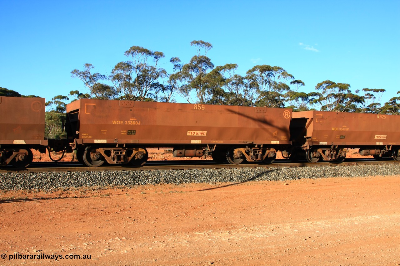 100731 03151
WOE type iron ore waggon WOE 33360 is one of a batch of one hundred and forty one built by United Goninan WA between November 2005 and April 2006 with serial number 950142-065 and fleet number 859 for Koolyanobbing iron ore operations, empty train arriving at Binduli Triangle, 31st July 2010.
Keywords: WOE-type;WOE33360;United-Goninan-WA;950142-065;