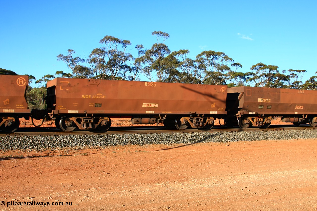 100731 03152
WOE type iron ore waggon WOE 33426 is one of a batch of one hundred and forty one built by United Group Rail WA between November 2005 and April 2006 with serial number 950142-131 and fleet number 8925 for Koolyanobbing iron ore operations empty train arriving at Binduli Triangle, 31st July 2010.
Keywords: WOE-type;WOE33426;United-Group-Rail-WA;950142-131;