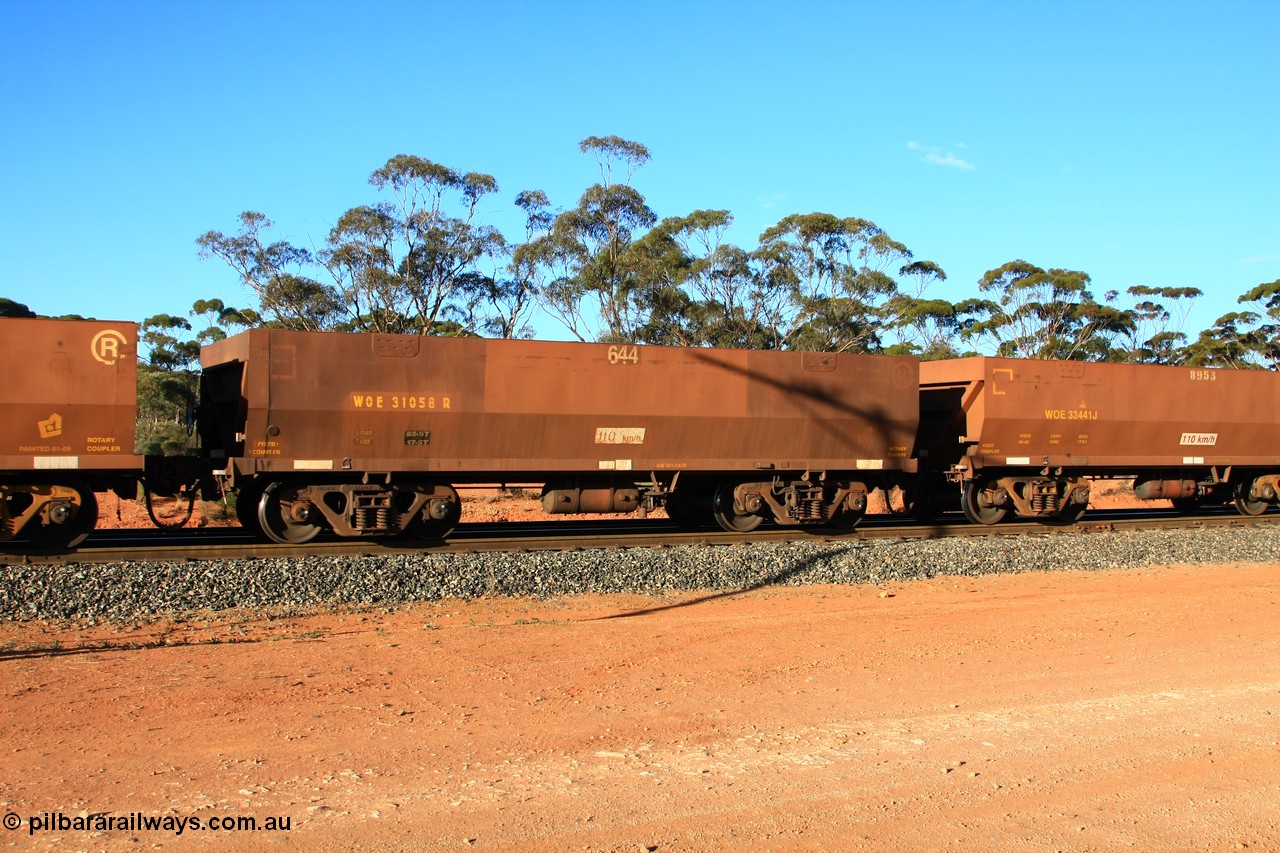 100731 03160
WOE type iron ore waggon WOE 31058 is one of a batch of fifteen built by Goninan WA between April and May 2002 with fleet number 644 for Koolyanobbing iron ore operations with PORTMAN painted out and the load revised down to 82.5 tonnes, empty train arriving at Binduli Triangle, 31st July 2010.
Keywords: WOE-type;WOE31058;Goninan-WA;