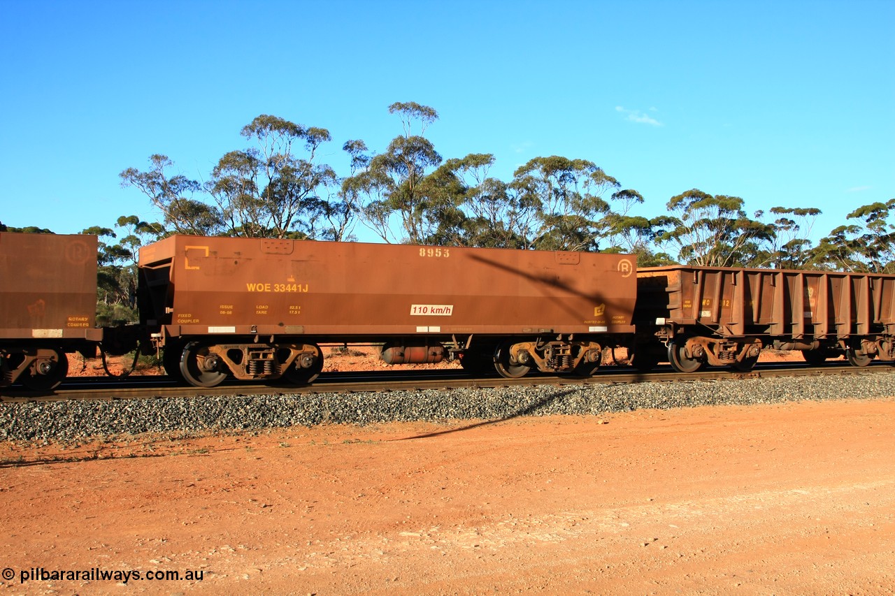 100731 03161
WOE type iron ore waggon WOE 33441 is one of a batch of seventeen built by United Group Rail WA between July and August 2008 with serial number 950209-005 and fleet number 8953 for Koolyanobbing iron ore operations empty train arriving at Binduli Triangle, 31st July 2010.
Keywords: WOE-type;WOE33441;United-Group-Rail-WA;950209-005;