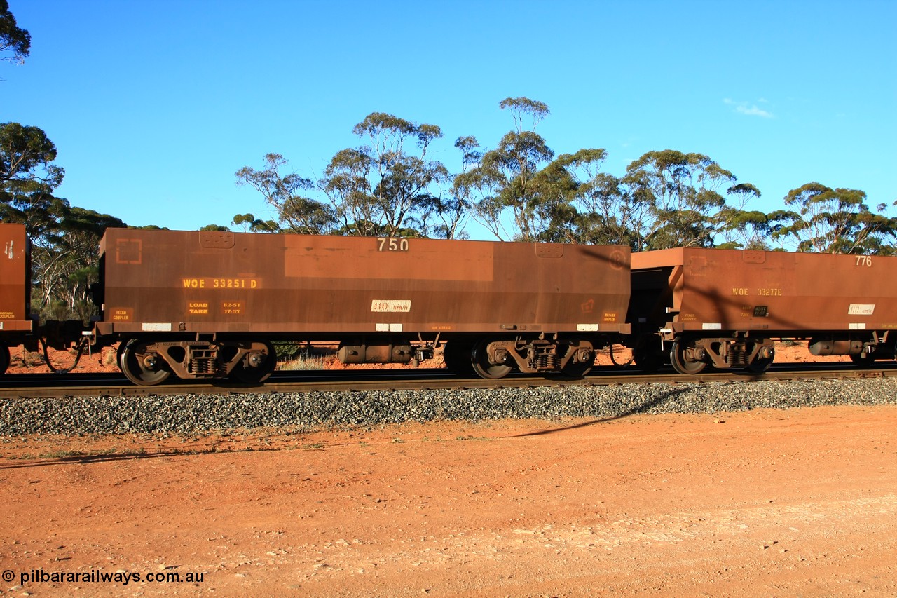 100731 03165
WOE type iron ore waggon WOE 33251 is one of a batch of twenty seven built by Goninan WA between September and October 2002 with serial number 950103-018 and fleet number 750 for Koolyanobbing iron ore operations with PORTMAN painted out and the load revised to 82.5 tonnes, empty train arriving at Binduli Triangle, 31st July 2010.
Keywords: WOE-type;WOE33251;Goninan-WA;950103-018;