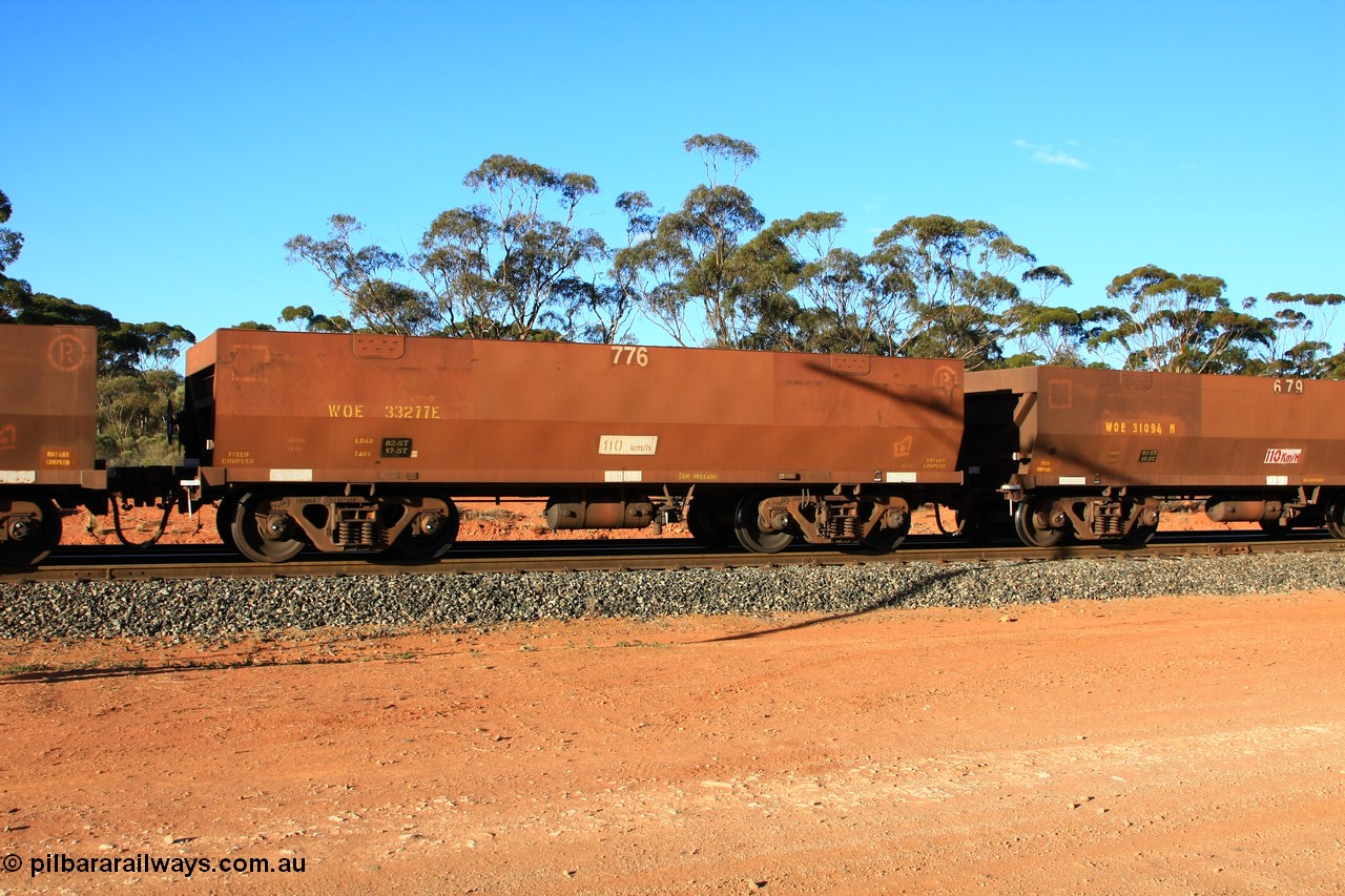 100731 03166
WOE type iron ore waggon WOE 33277 is one of a batch of thirty five built by Goninan WA between January and April 2005 with serial number 950104-017 and fleet number 776 for Koolyanobbing iron ore operations with PORTMAN painted out and the load revised down to 82.5 tonnes, empty train arriving at Binduli Triangle, 31st July 2010.
Keywords: WOE-type;WOE33277;Goninan-WA;950104-017;